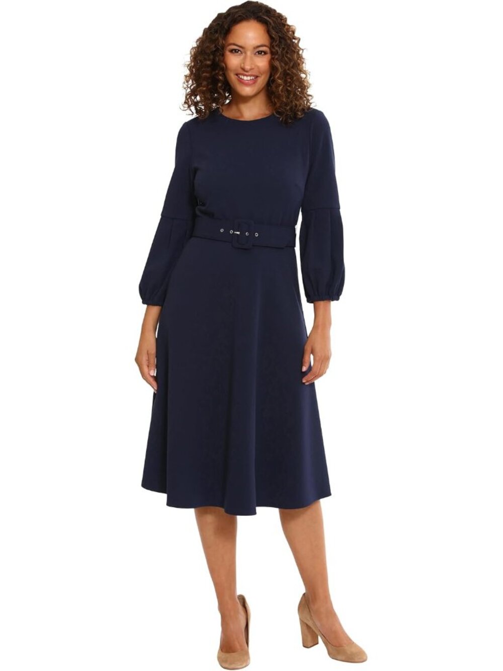 NWT London Times Size 10 Navy Blue 3/4 Half-Pleated Sleeve Belted Midi Dress NEW